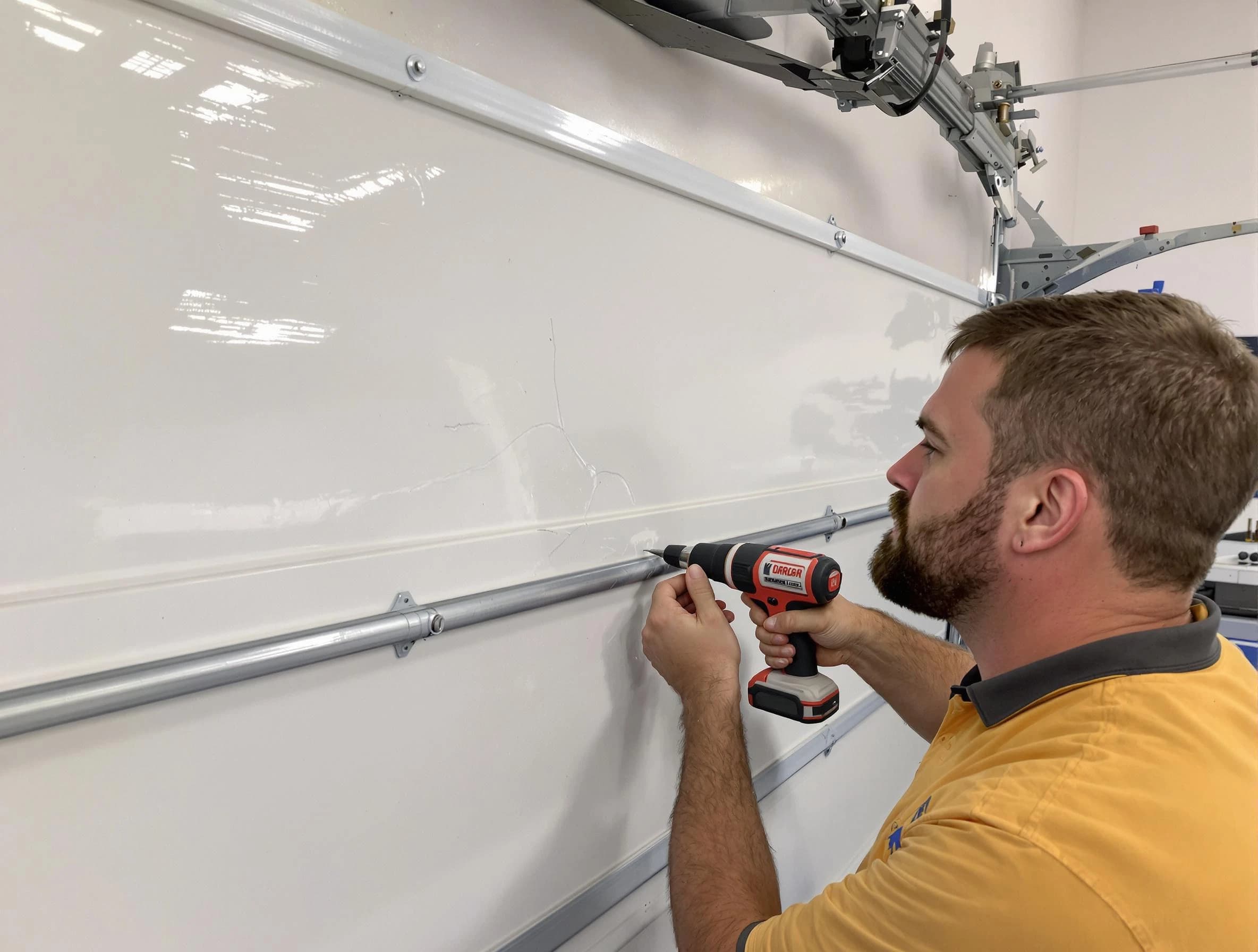 Tempe Garage Door Repair expert performing dent repair on garage door in Tempe
