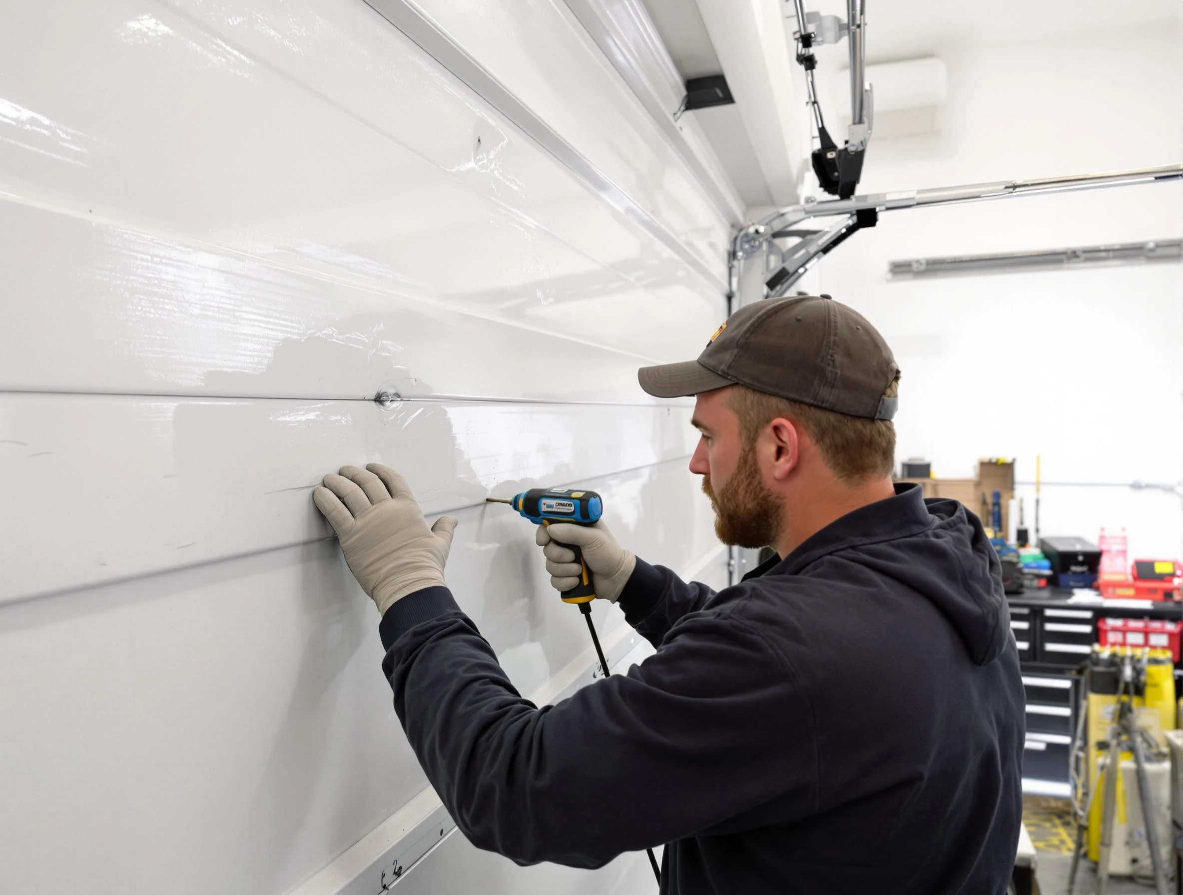 Tempe Garage Door Repair technician demonstrating precision dent removal techniques on a Tempe garage door